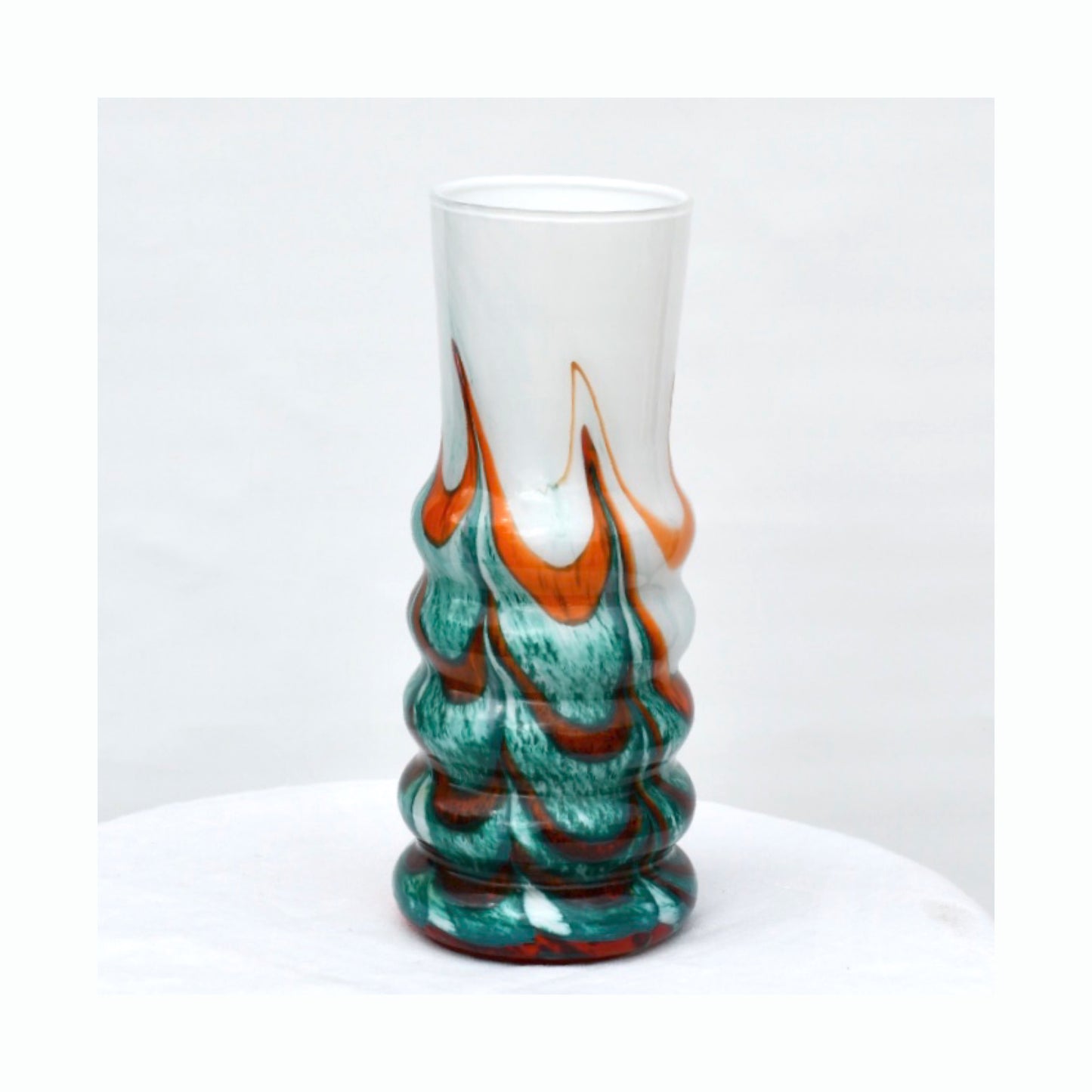 Hand Blown 9.5 inch Green and Orange Glass Vase