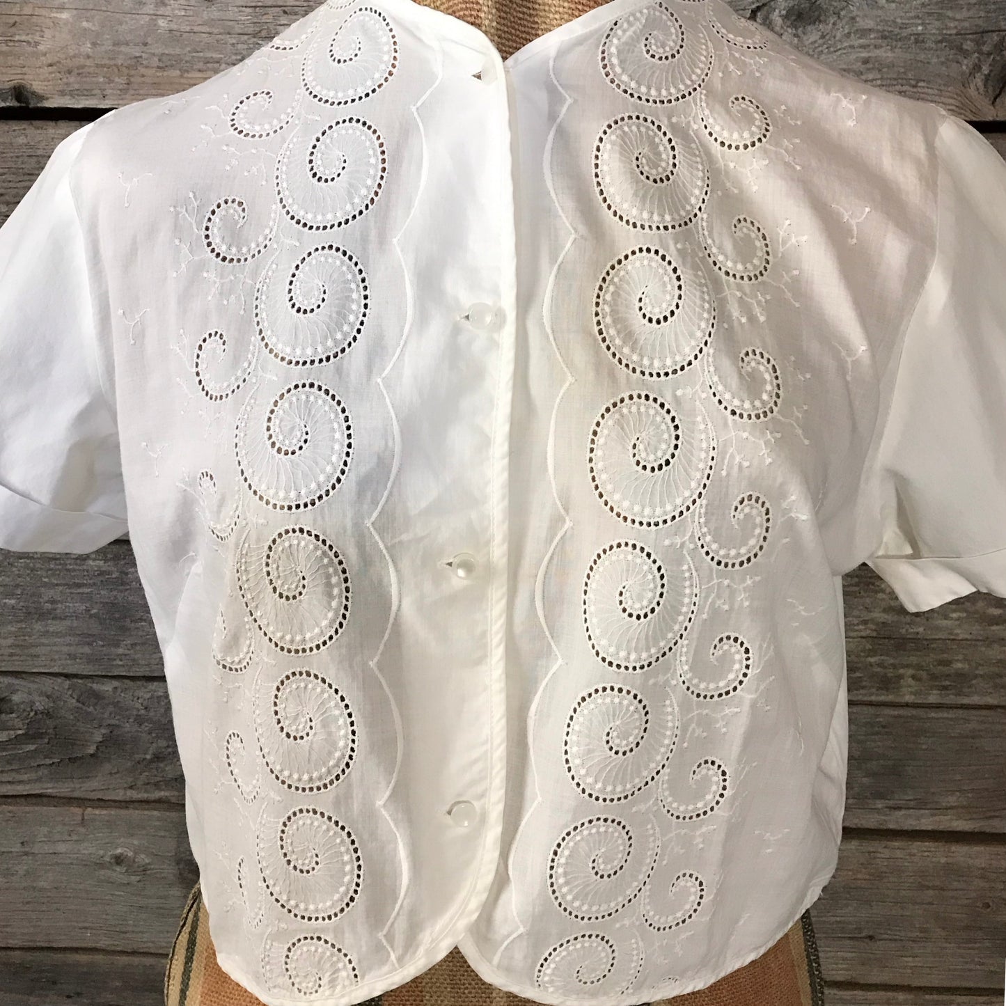 Short Sleeved Vintage Cotton Blouse with Woven Repair, Embroidered Button Up Top