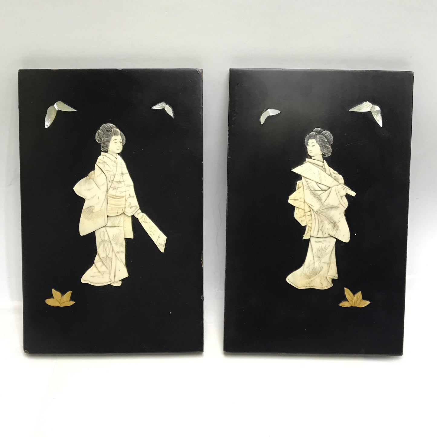 Pair of Small Antique Japanese Inlay Panels, 9X5 inches, Geisha figures