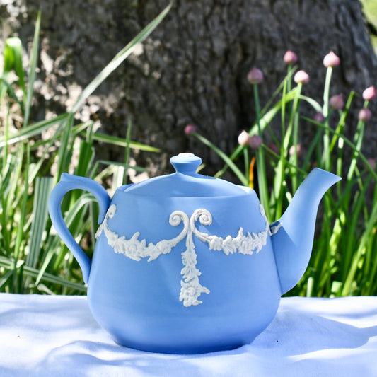 Vintage Ecanada White on Blue Jasperware Teapot