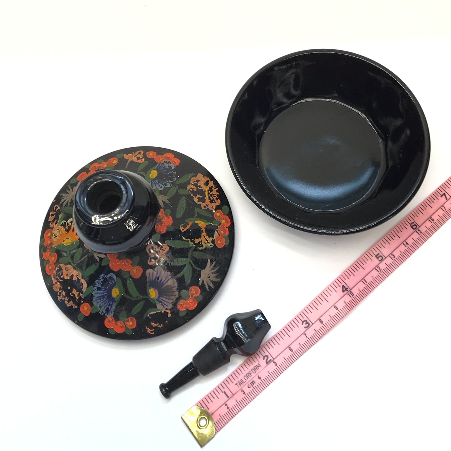 Black Glass Powder Box with Scent Bottle Lid, Vintage Perfume Bottle, Trinket Dish