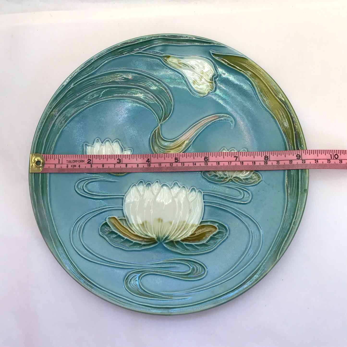 2 Majolica Waterlily Plates RESTORED, Baden Ceramics, Aqua and Green Wall Plate Decor