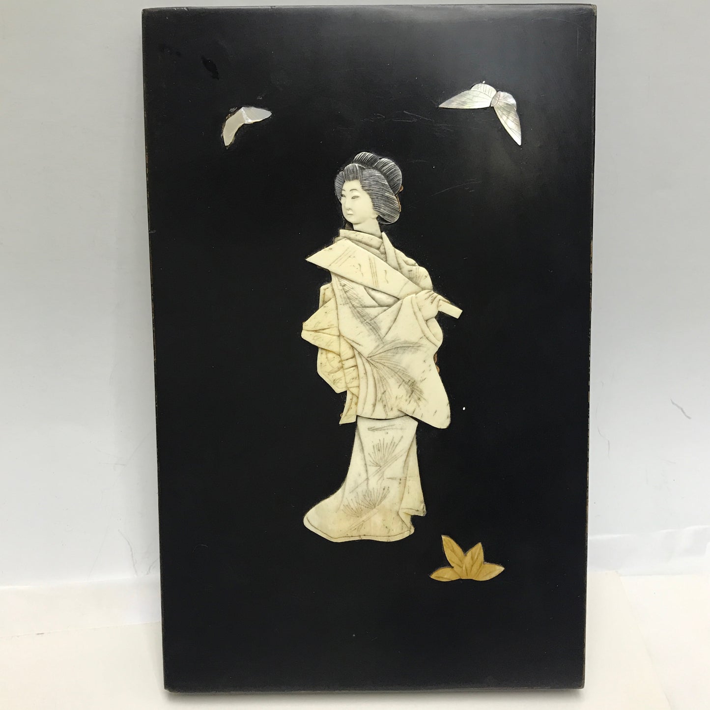 Pair of Small Antique Japanese Inlay Panels, 9X5 inches, Geisha figures