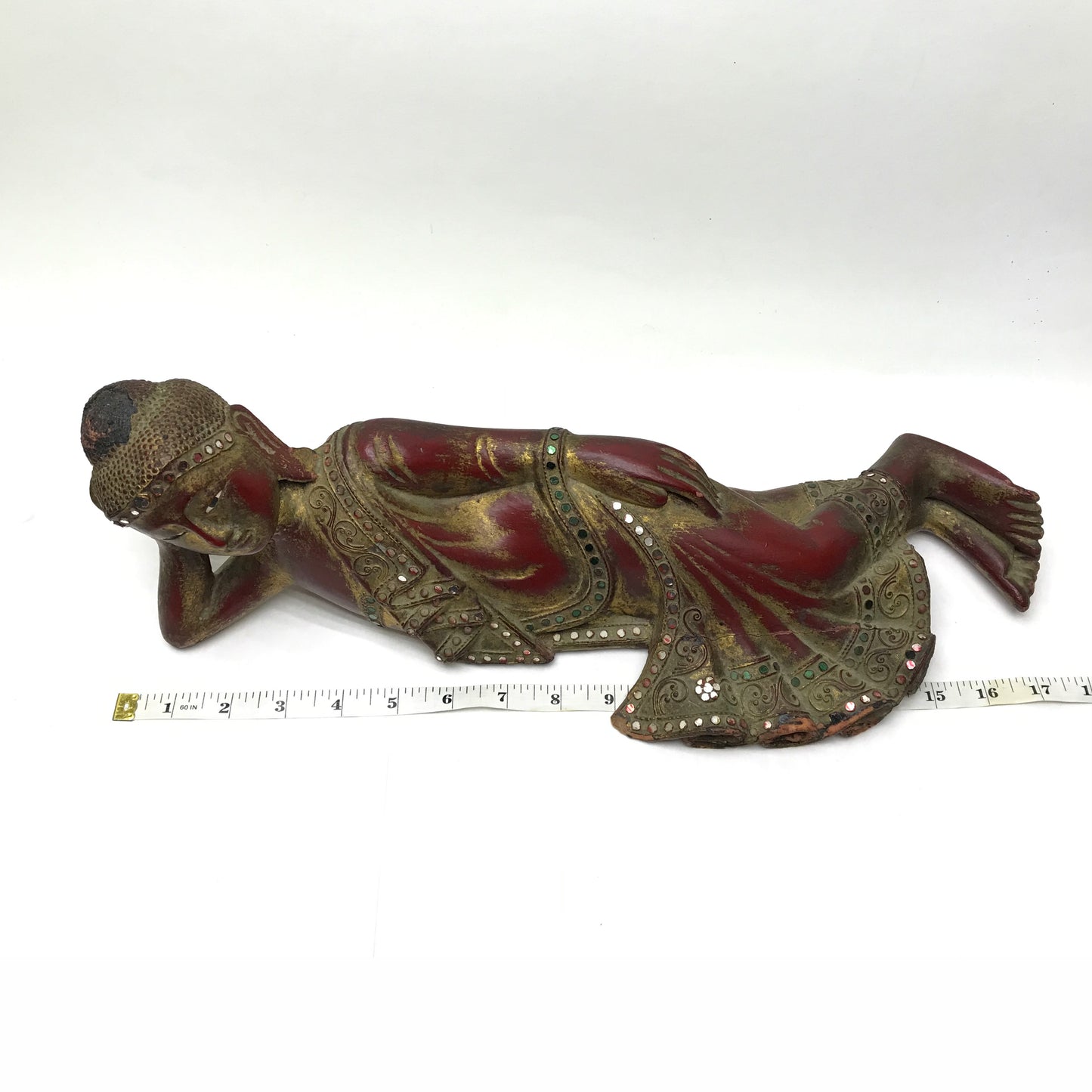 Reclining Buddha Figurine, Wooden Statue, 18 inch