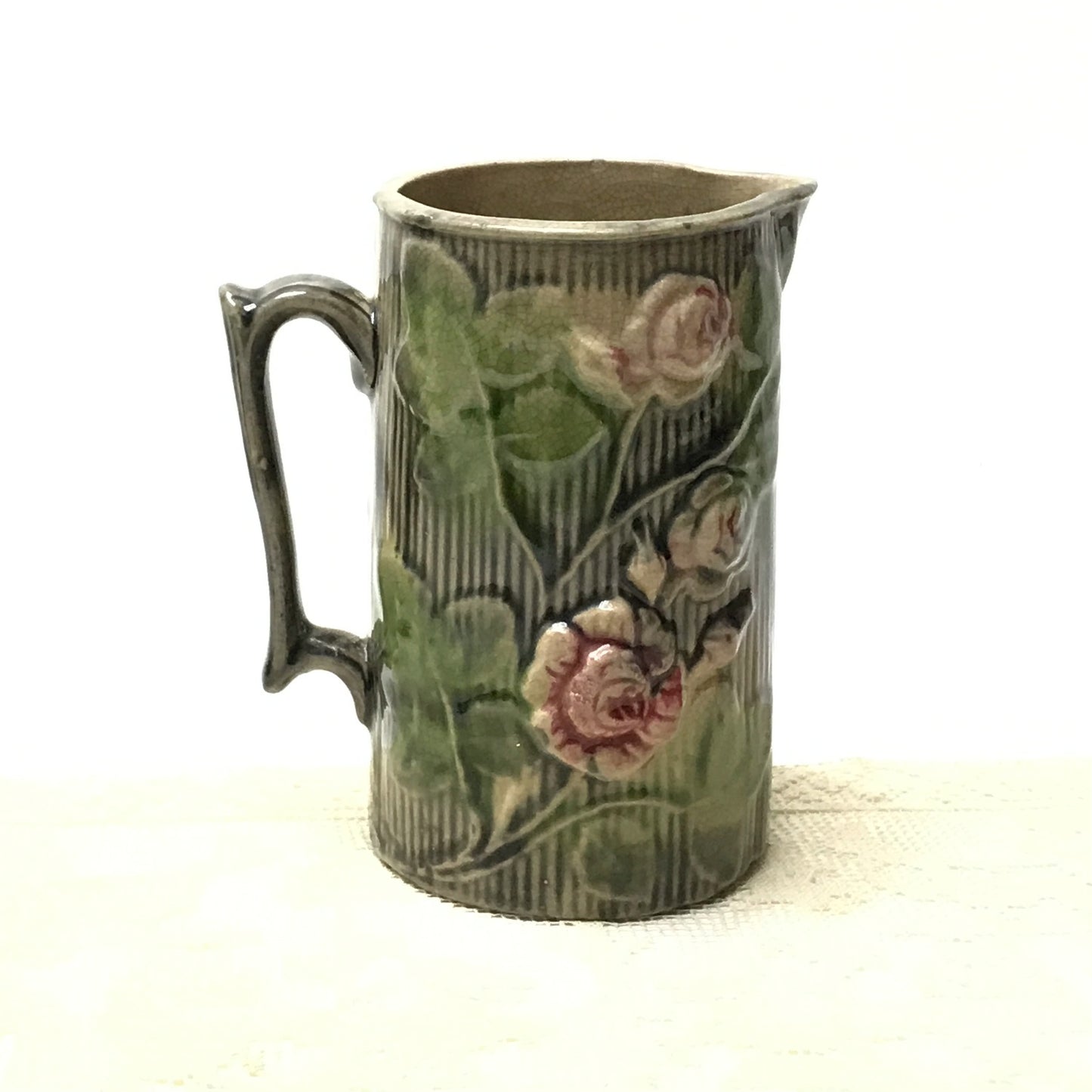 Antique Rose on Bark Majolica Pitcher, Floral Jug, Antique Cream Jug