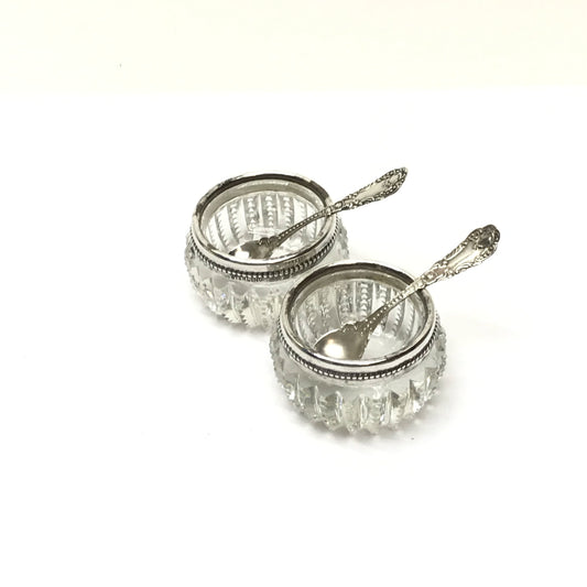 Pair of Open Glass Salt Cellars with Sterling Rims and Spoons