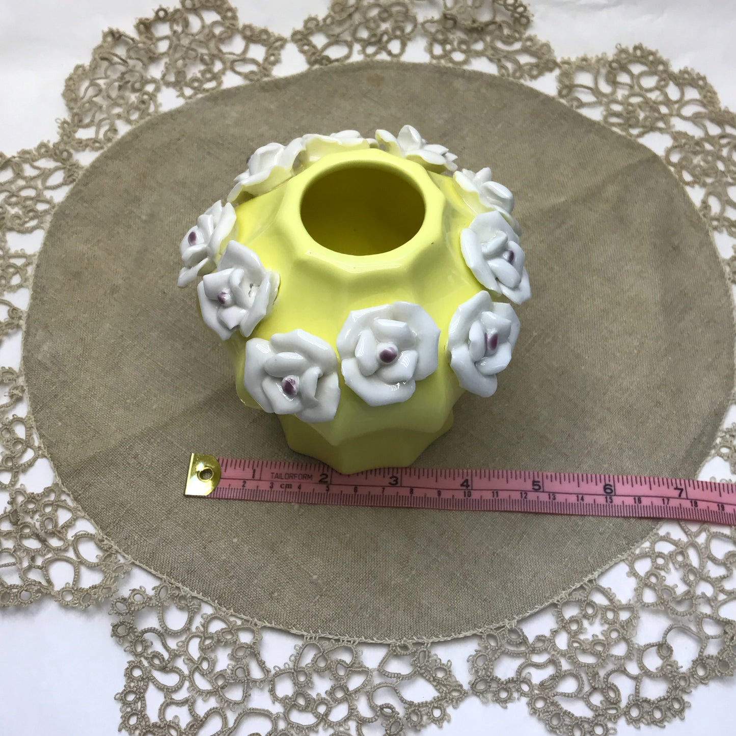 Small Yellow Ceramic Vase with Applied White Flowers