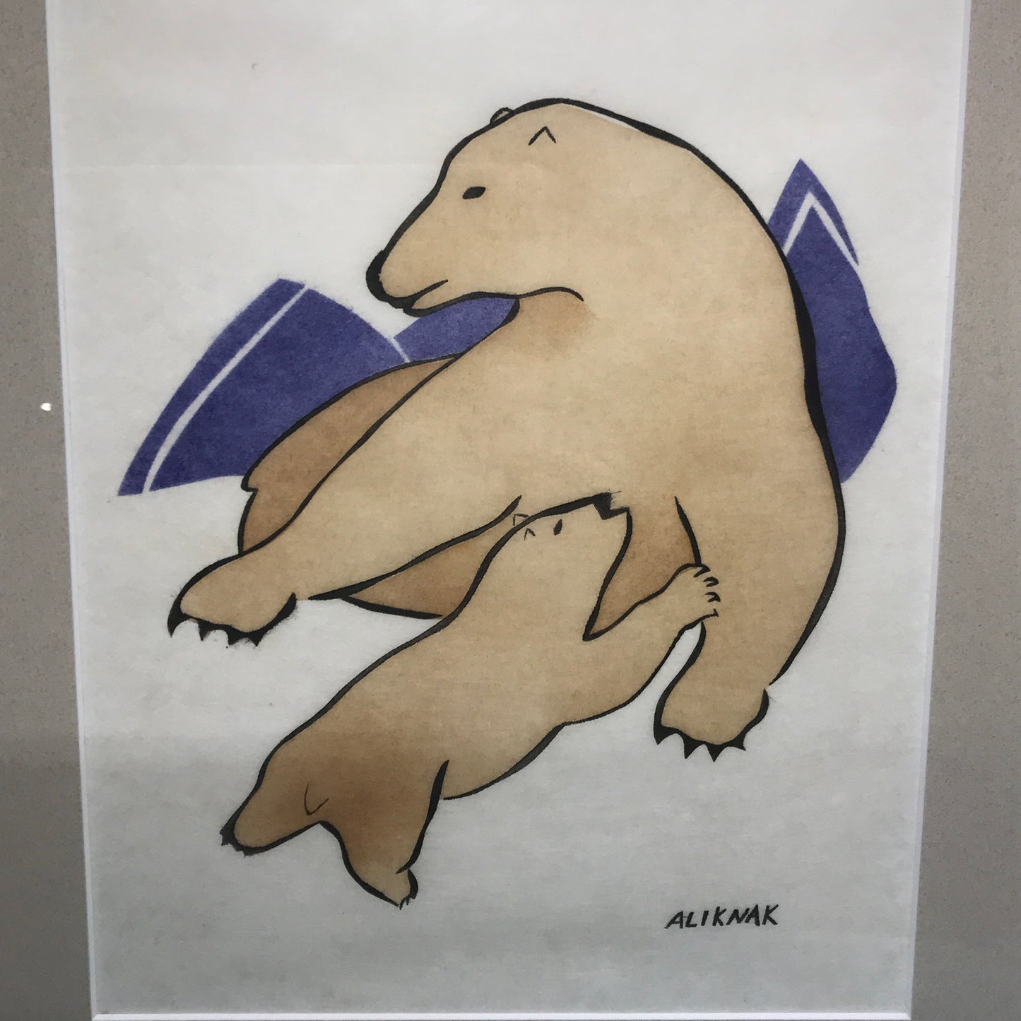 Stone Cut Print of Polar Bears in Frame, Signed Native Art