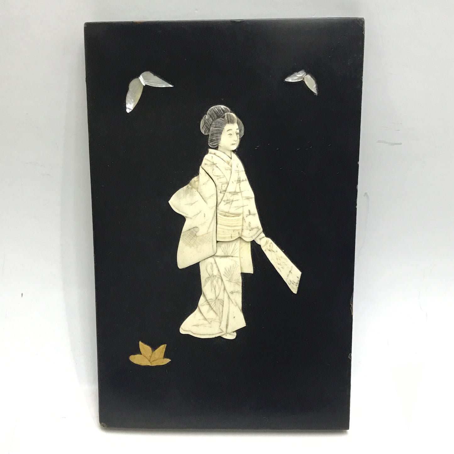 Pair of Small Antique Japanese Inlay Panels, 9X5 inches, Geisha figures