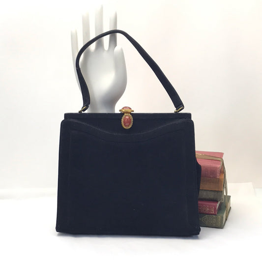 Vintage Black Top Handle Handbag with Faux-Carnelian Clasp