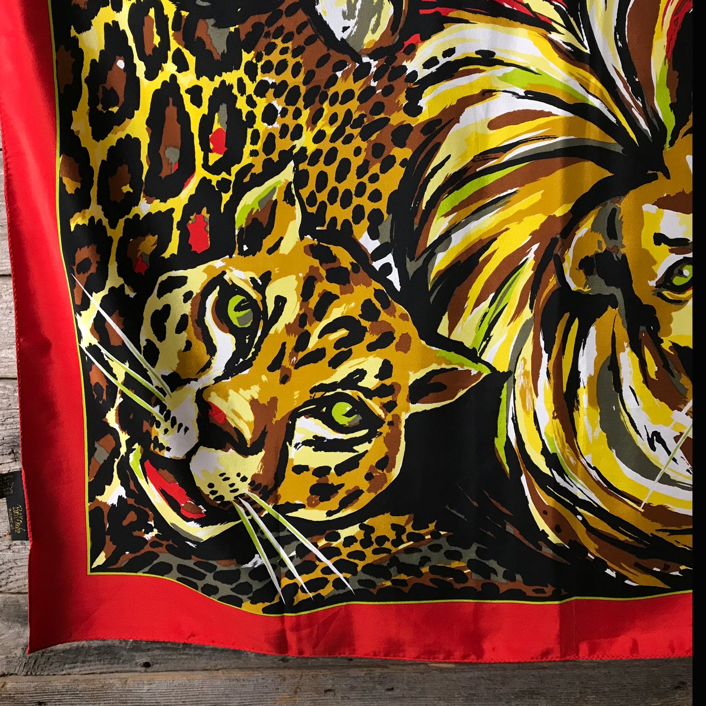 BOB MACKIE Wild Cat Silk Scarf, Large Scarf with Heads of Lion, Tiger, Leopard, & Cheetah (SOLD)