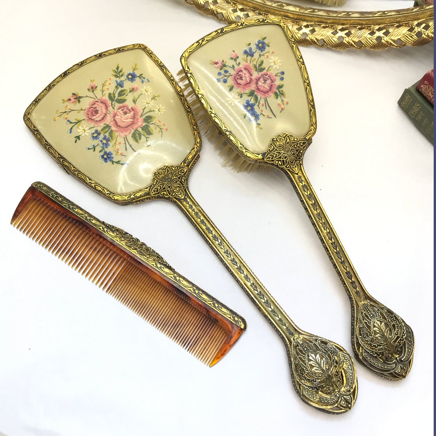 1950s Vanity Set, Embroidery and Filigree 3 Piece Set with Tray