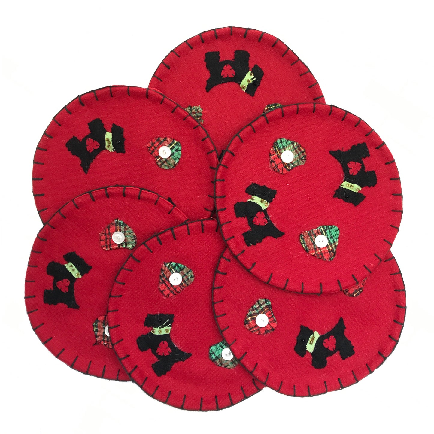 Set of 6 Handmade Scottish Themed Coasters, Scottie Dogs, MOP Buttons