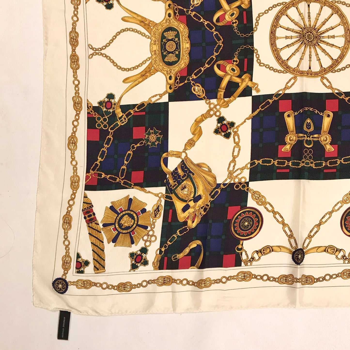 Adrienne Vittadini Silk Scarf in Red, Blue and Gold on Cream Background, Print of Chains, Medals and Saddlebags Design. Square 33 inches.