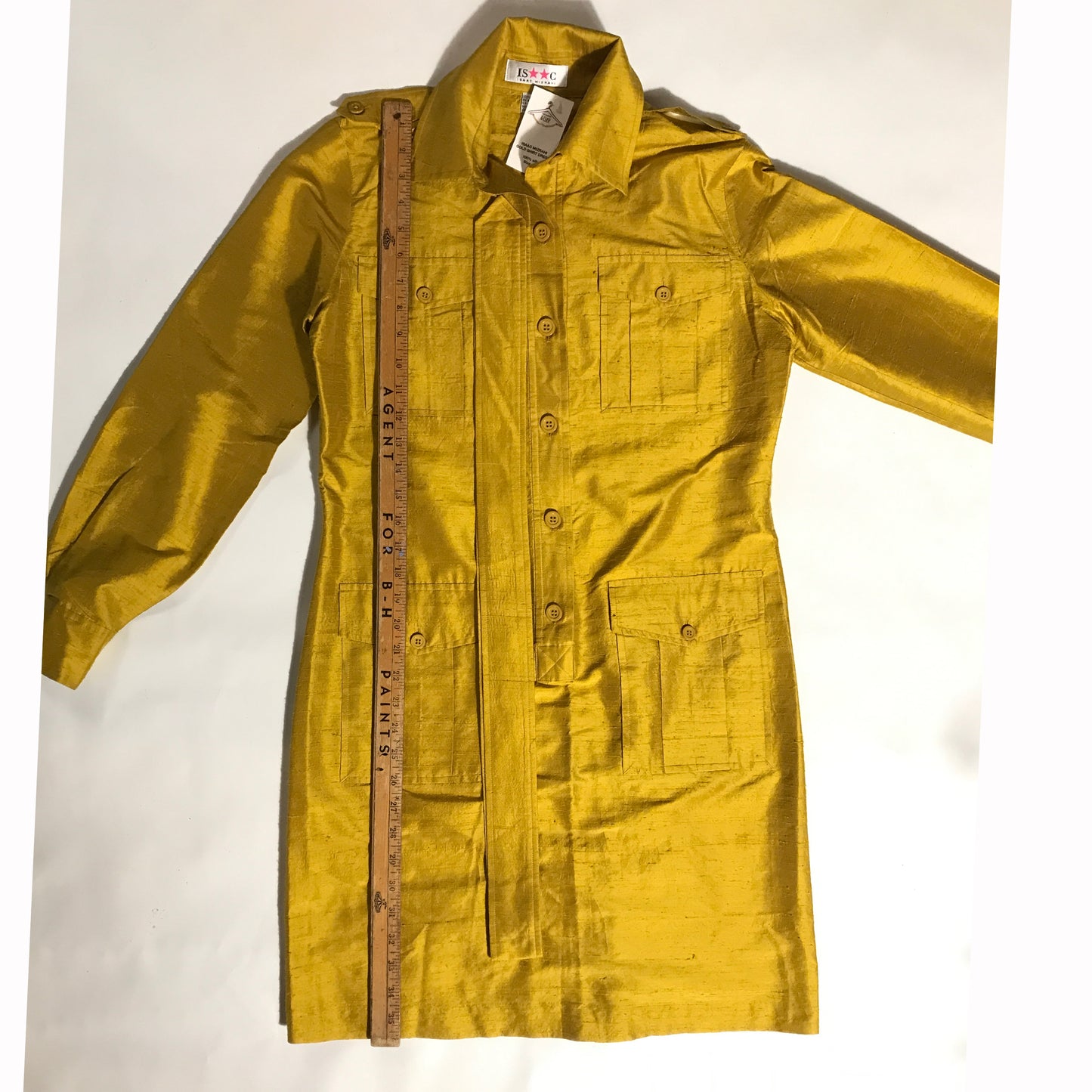 Isaac Mizrahi Gold Shirt Dress, 100% Silk, Tagged Size 8, c. 1990s, Retro Shirt Dress