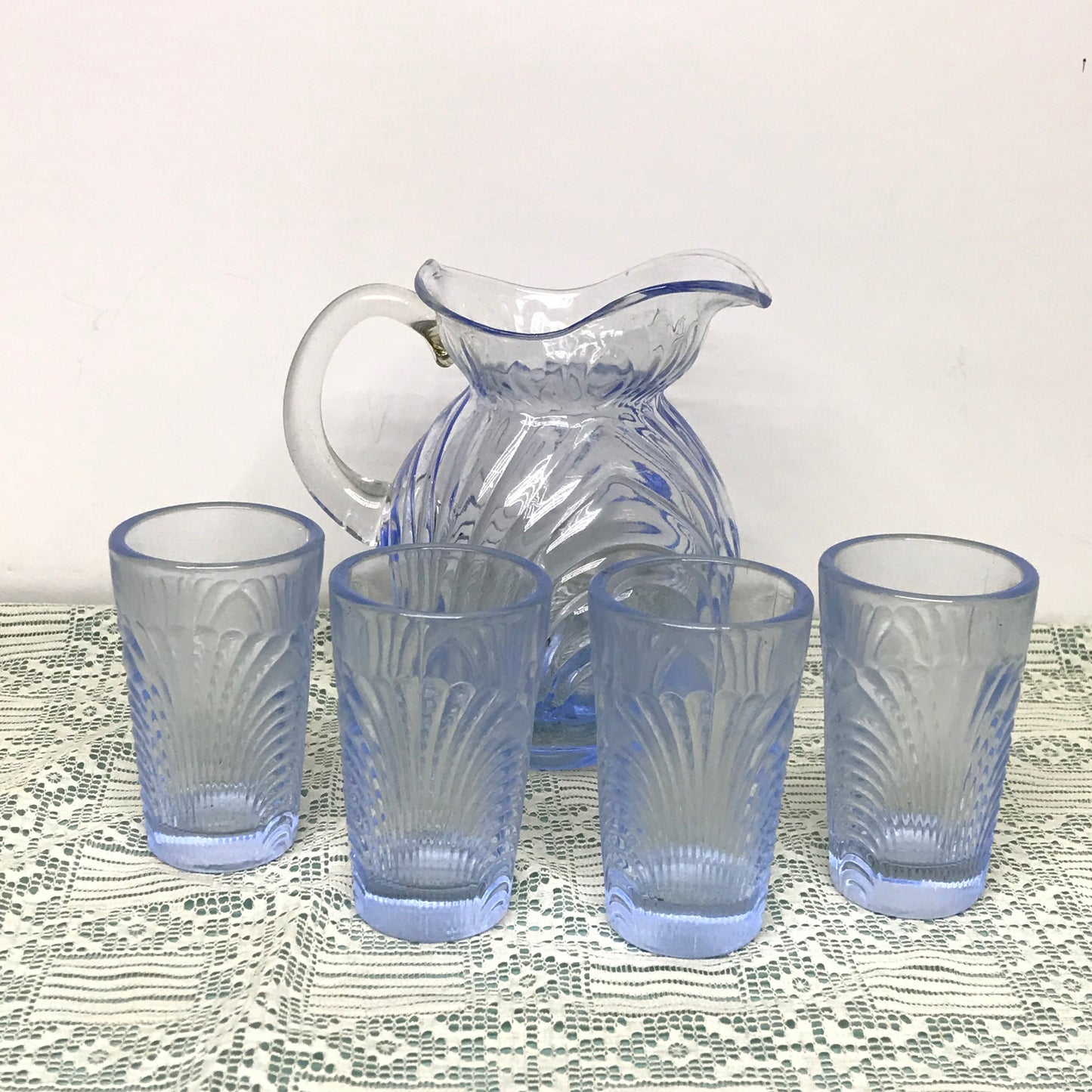 Miniature Periwinkle Blue Glass Pitcher and Glasses