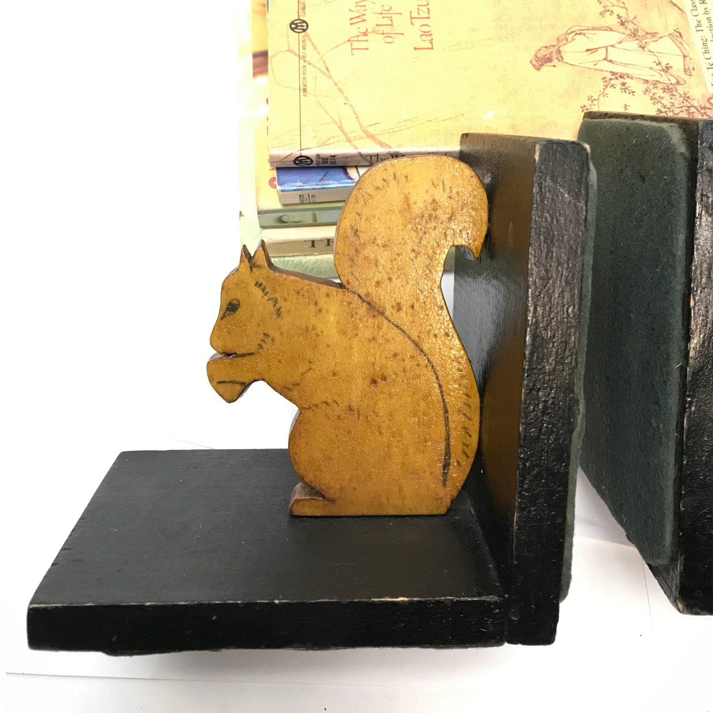 Handmade Wooden Squirrel Book Ends, Carved and Decorated Book Ends made from Reclaimed Wood, Circa 1930s-40s, Rustic Shelf Decor