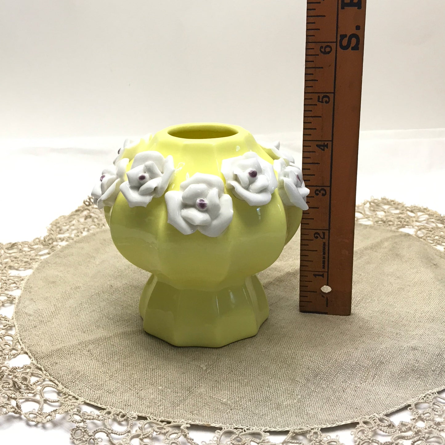 Small Yellow Ceramic Vase with Applied White Flowers