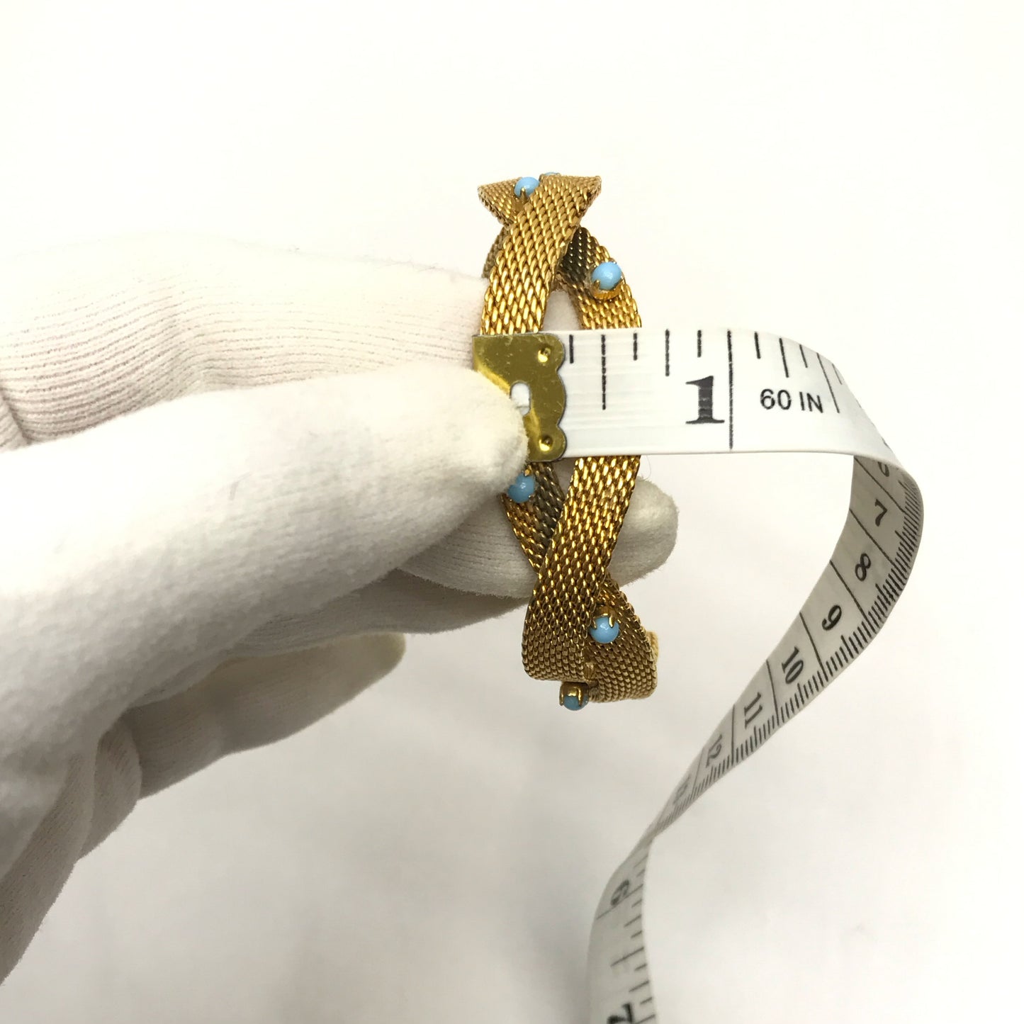 Gold Metal Mesh Bracelet with Turquoise Coloured Stones, Signed Radi Spain