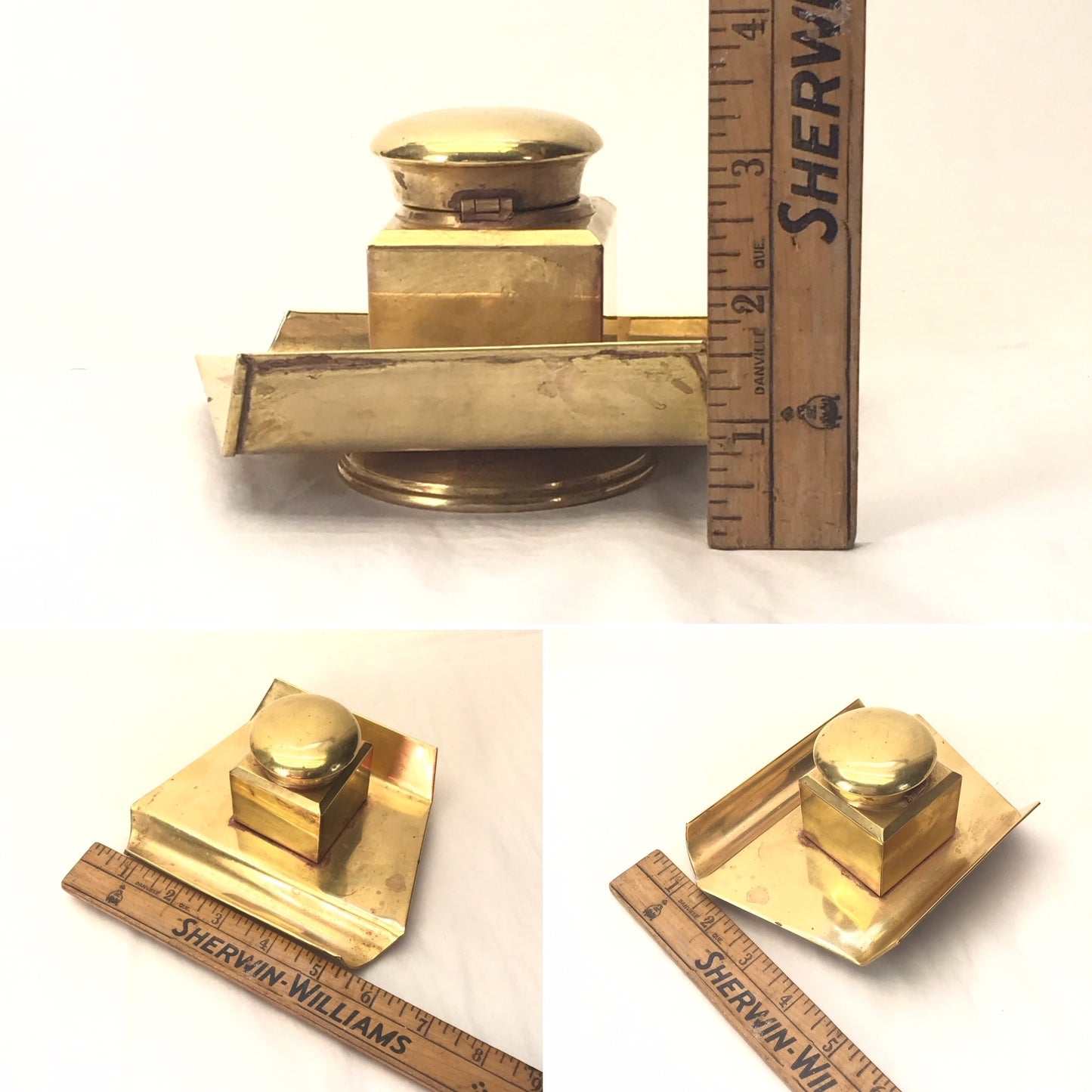 Vintage Brass Plated Copper Inkwell with Glass Liner, Military Style Fountain Pen Inkwell, SIGNIFICANT WEAR and DISTRESS