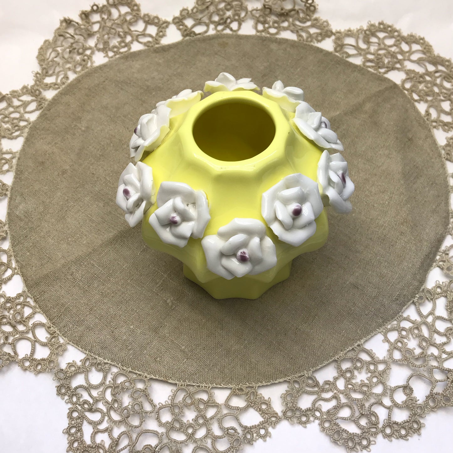 Small Yellow Ceramic Vase with Applied White Flowers