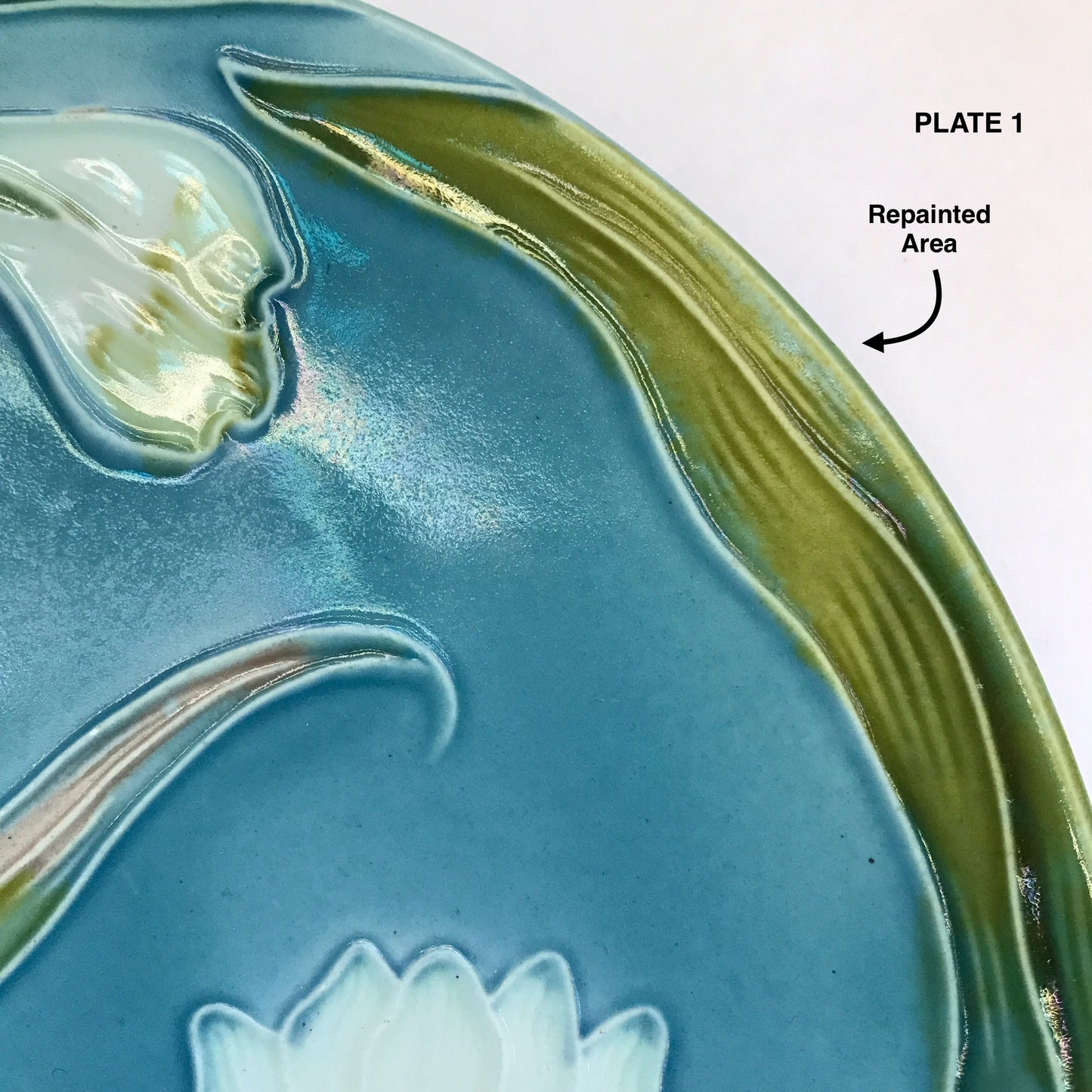 2 Majolica Waterlily Plates RESTORED, Baden Ceramics, Aqua and Green Wall Plate Decor