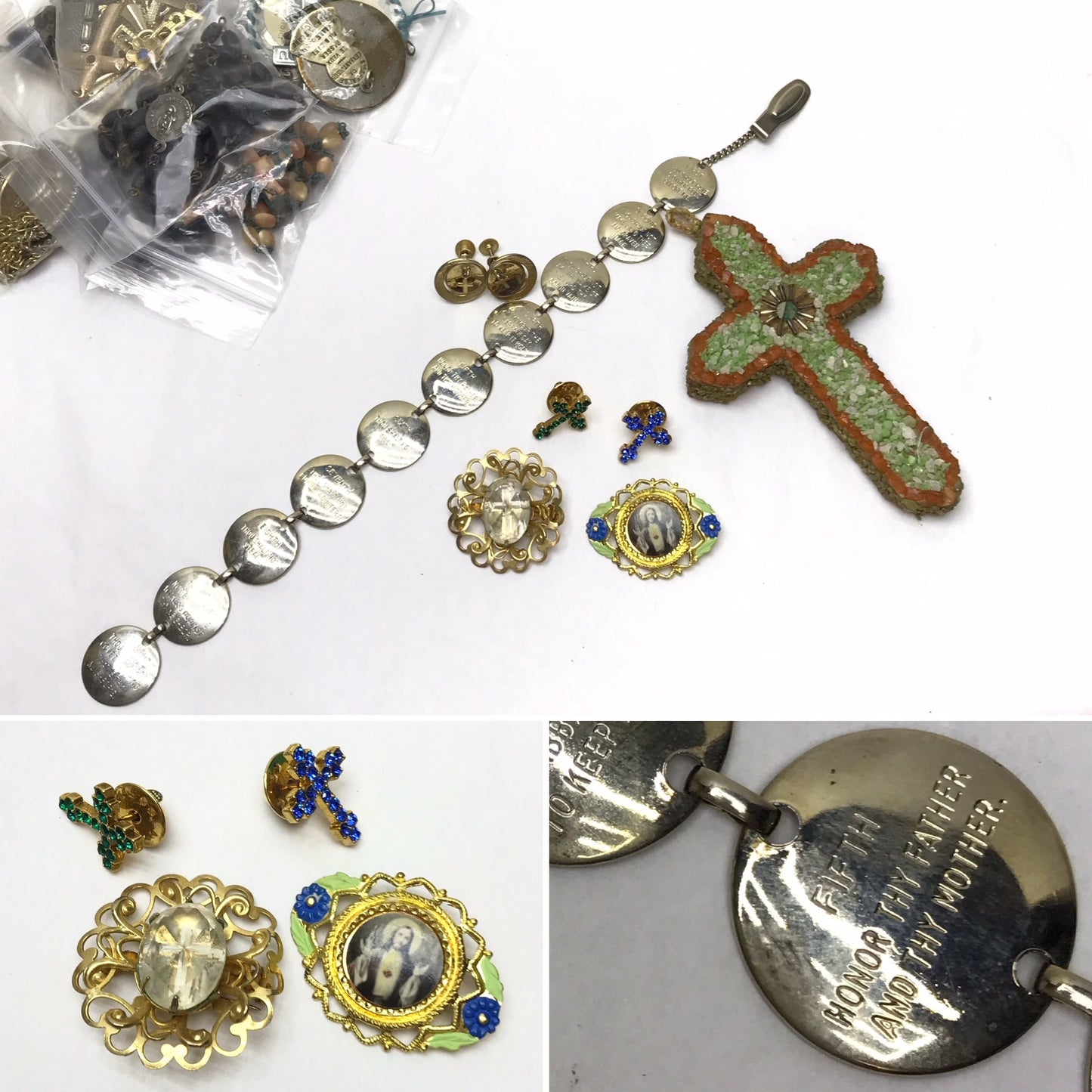 Crafting Lot of Vintage Rosaries, Charms, and Cross Pendants, Religious Memorabilia, For Repair or Upcycling