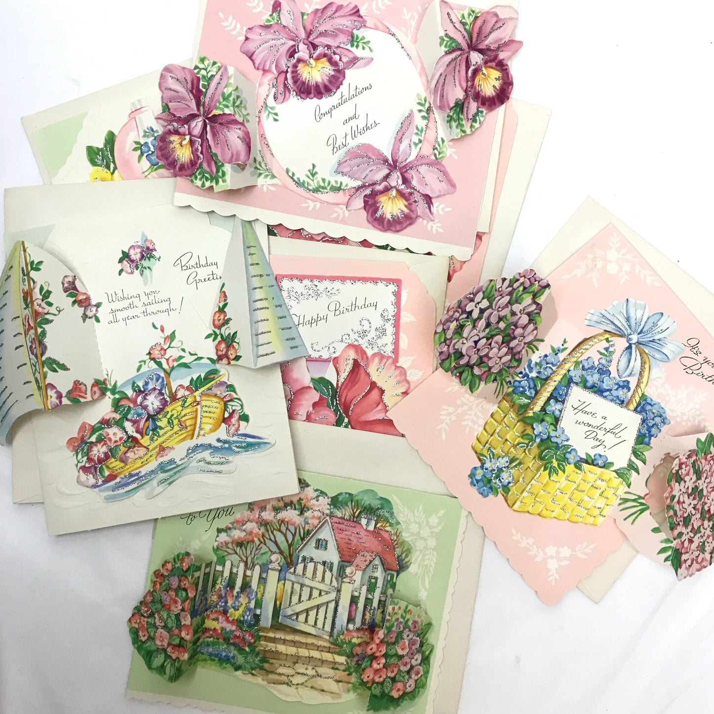 Lot of 12 Vintage Die Cut Greeting Cards, 6 Birthday, 5 Get Well, 1 Congratulations, Minor Signs of Age From Storage