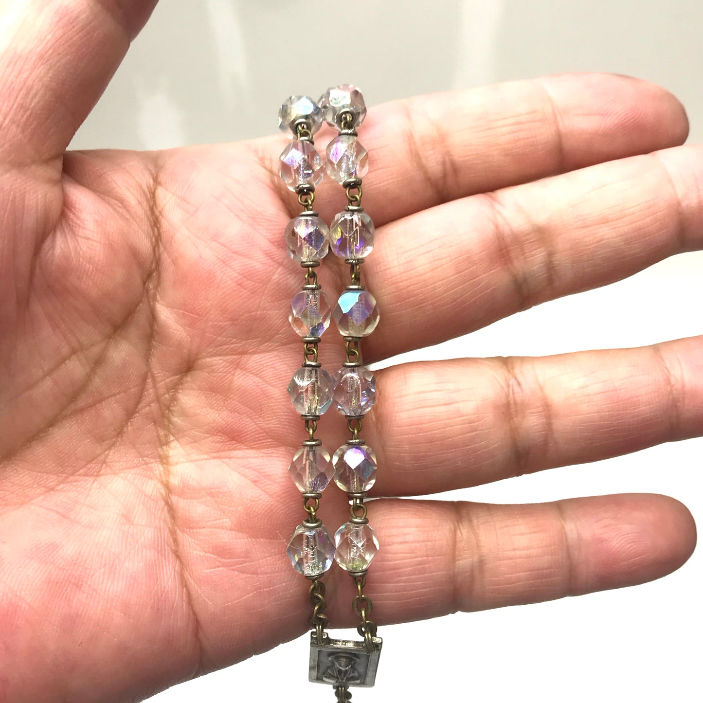 Vintage Iridescent Faceted Glass Rosary Beads on Brass Chain