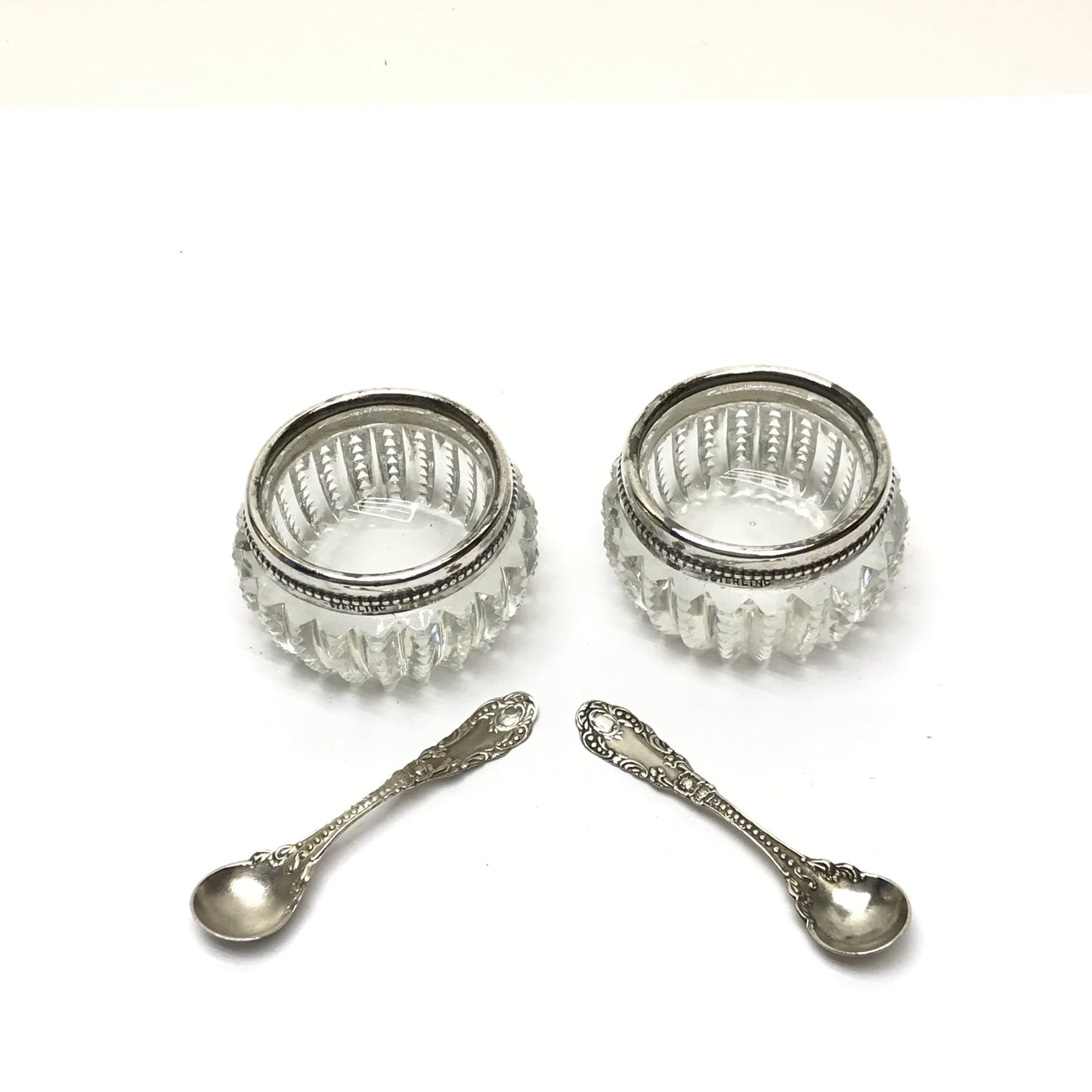 Pair of Open Glass Salt Cellars with Sterling Rims and Spoons