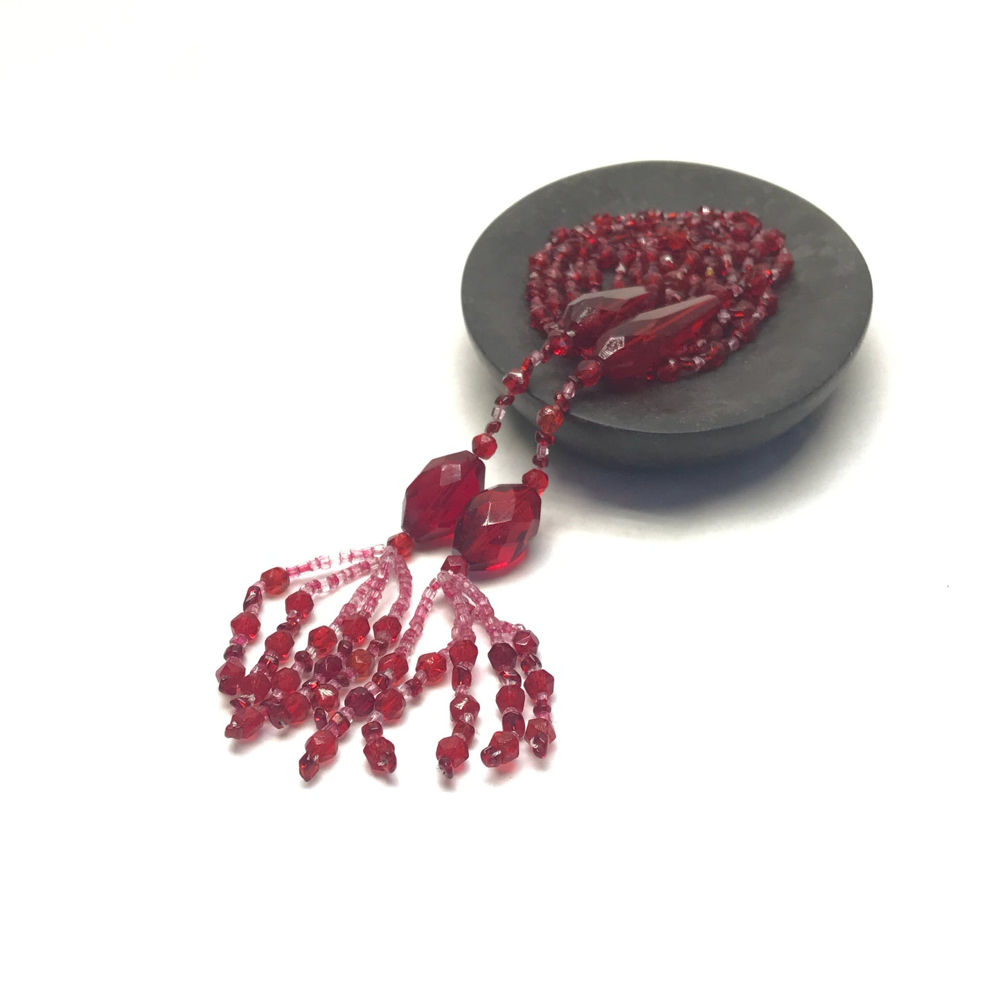 Vintage Red Glass Lariat Necklace 1920s Style Flapper Bead Strand with Tassels RESTRUNG