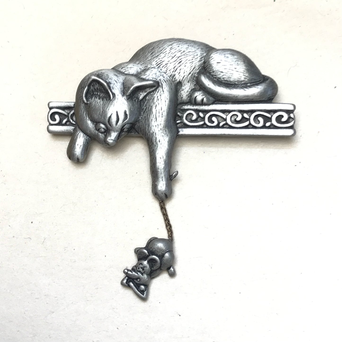 J.J. Pewter Cat and Dangling Mouse Brooch, Jonette Jewelry Company