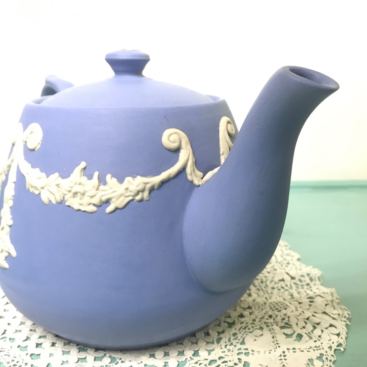 Vintage Ecanada White on Blue Jasperware Teapot