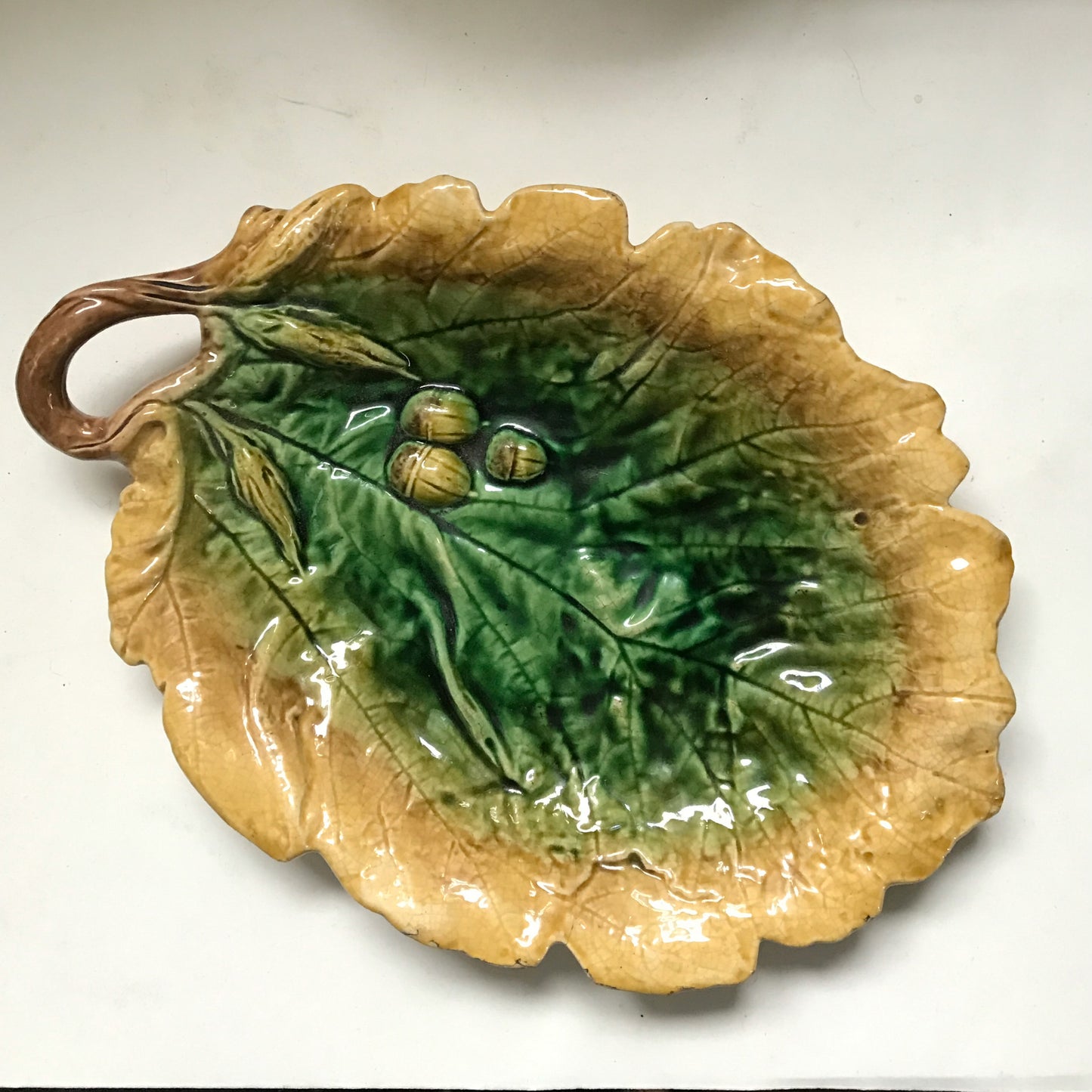 Oak Leaf Shaped Majolica Serving Platter, Griffin Smith & Hill Style, Antique Decorative Serving Dish, AGE RELATED FAULTS (SOLD)