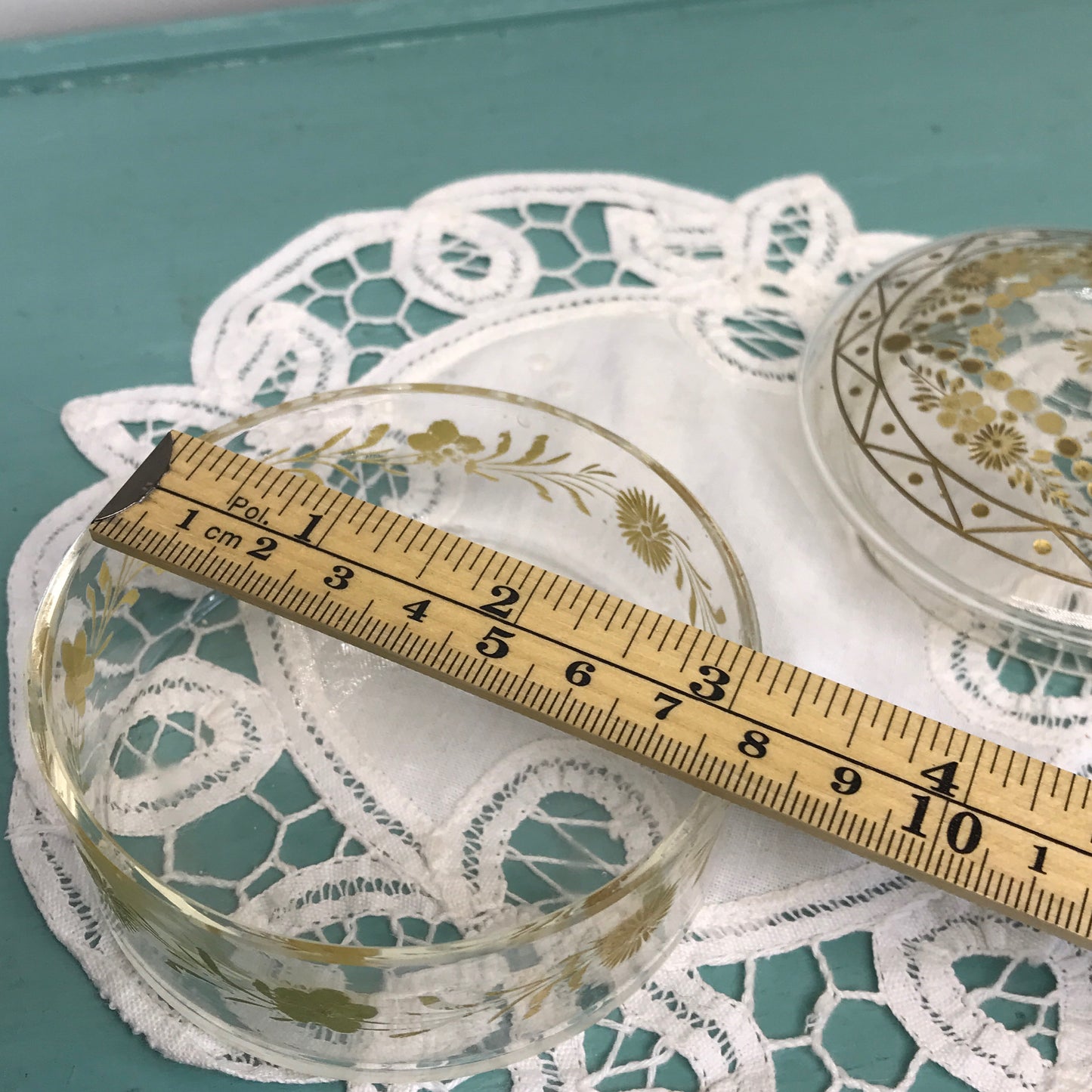 Clear Glass Trinket Box or Powder Jar with Inset Gold Floral Accents, Vintage Jewellery Box