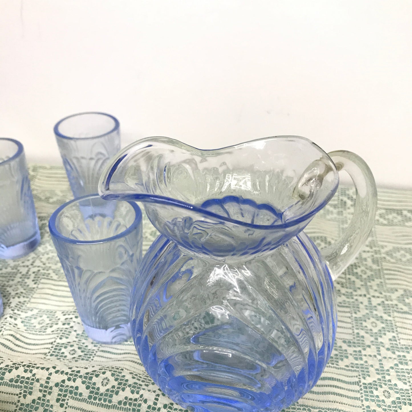 Miniature Periwinkle Blue Glass Pitcher and Glasses