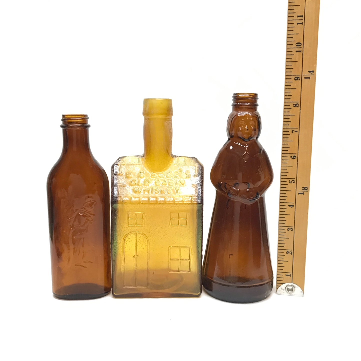 3 Collectible Brown Glass Bottles, Mrs Butterworths, Cod Liver Oil, EG Booz