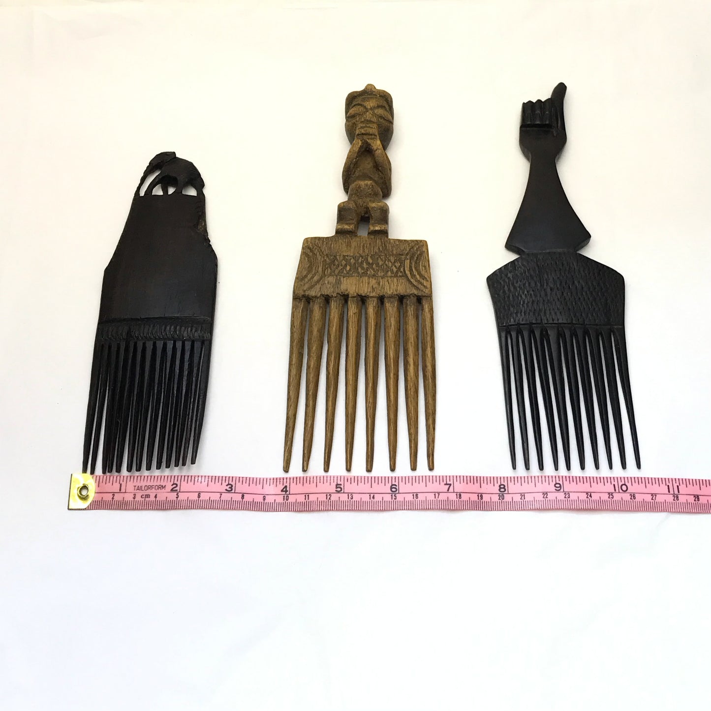 African Hand Carved Wood Hair Combs or Hair Picks Lot of 3