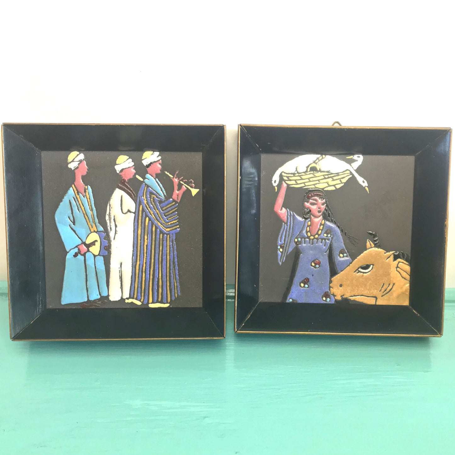 2 Framed Egyptian Tiles, Vintage 1960s, Dated, One of a Kind Paintings