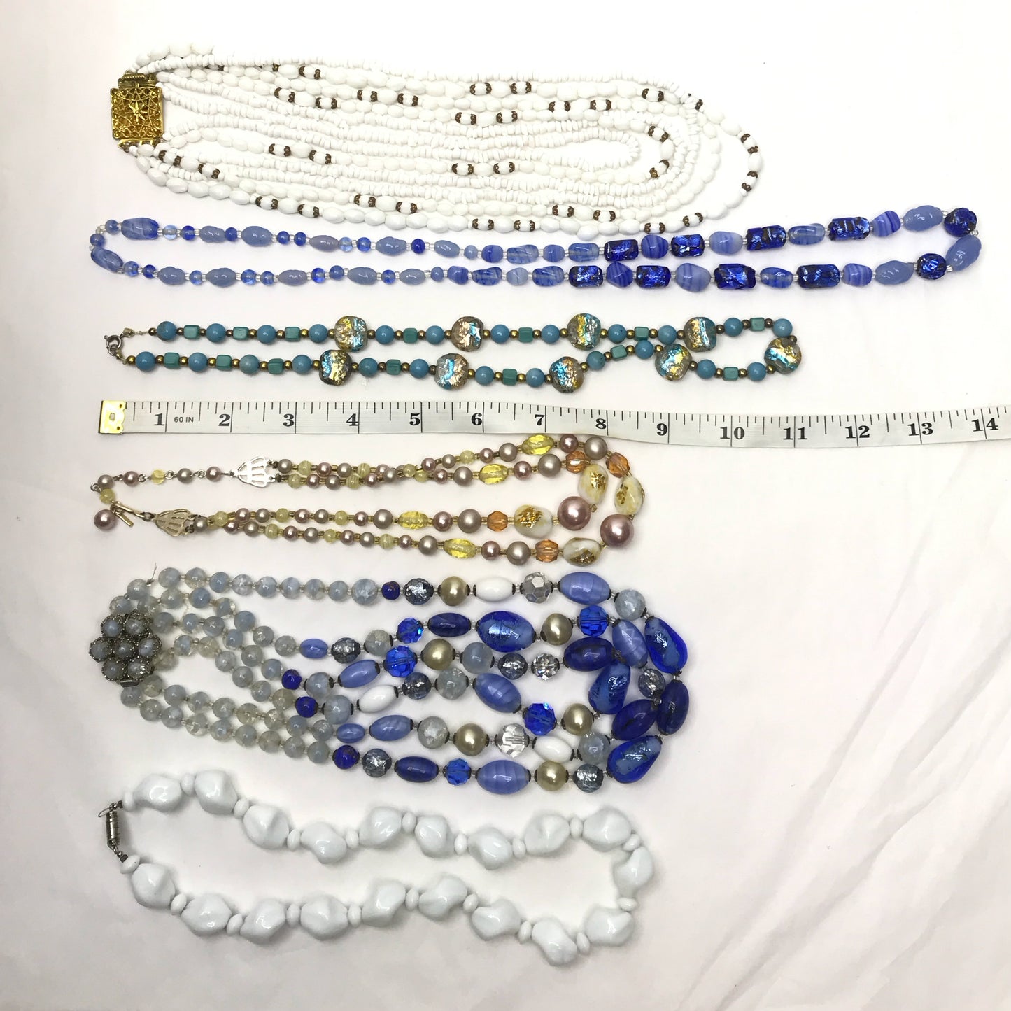 Lot of 6 Vintage Bead Necklaces, Foil Glass Beads, Glass Twists, Wearable, but in need of restringing