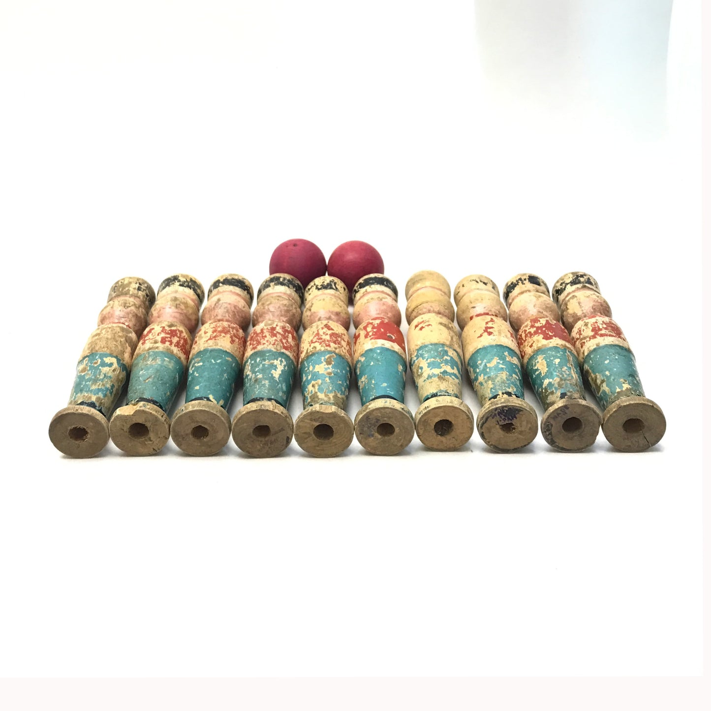 Distressed Vintage Mini Wooden Skittles Set, Miniature Table Top Bowling Set, 10 Pins & 2 Balls, AT FAULT