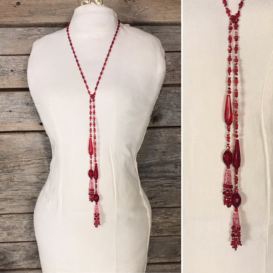 Vintage Red Glass Lariat Necklace 1920s Style Flapper Bead Strand with Tassels RESTRUNG