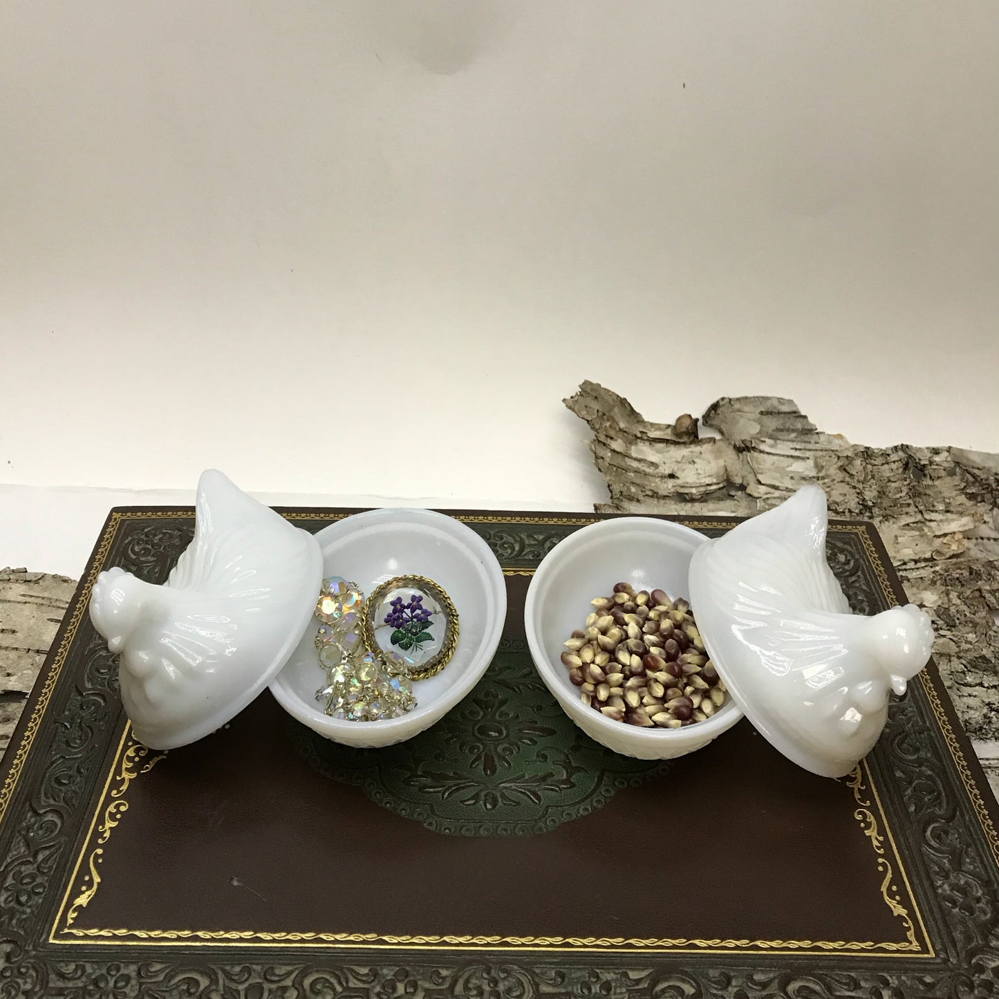 Pair of Small Milk Glass Hen-Shaped Dishes