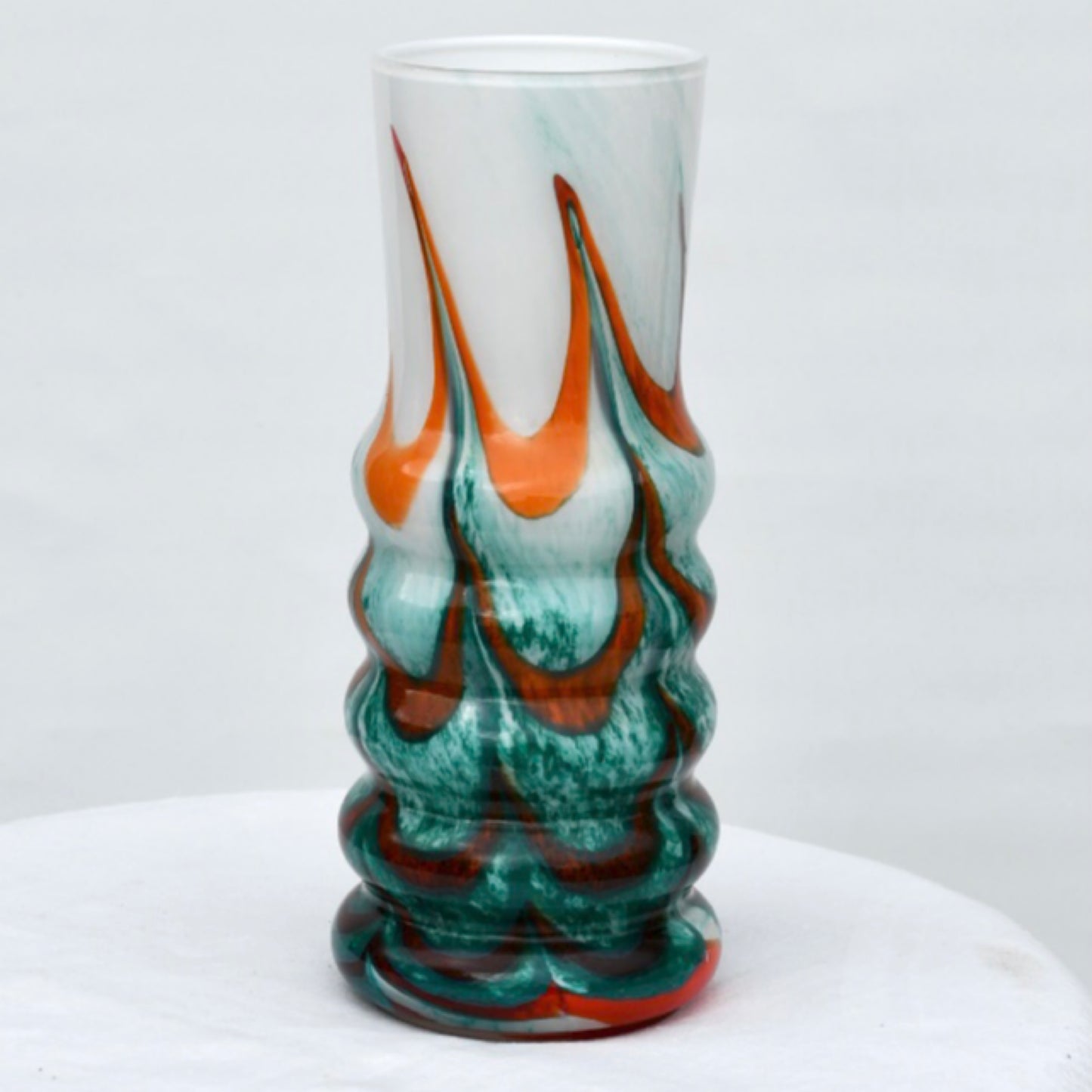 Hand Blown 9.5 inch Green and Orange Glass Vase