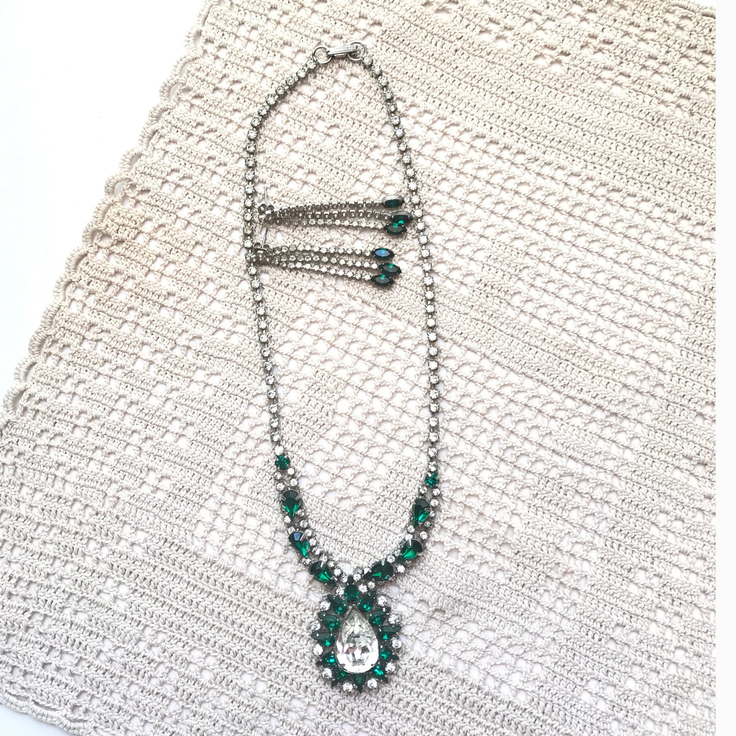 Jay Flex Sterling Green Rhinestone Necklace with Matching Pierced Earrings