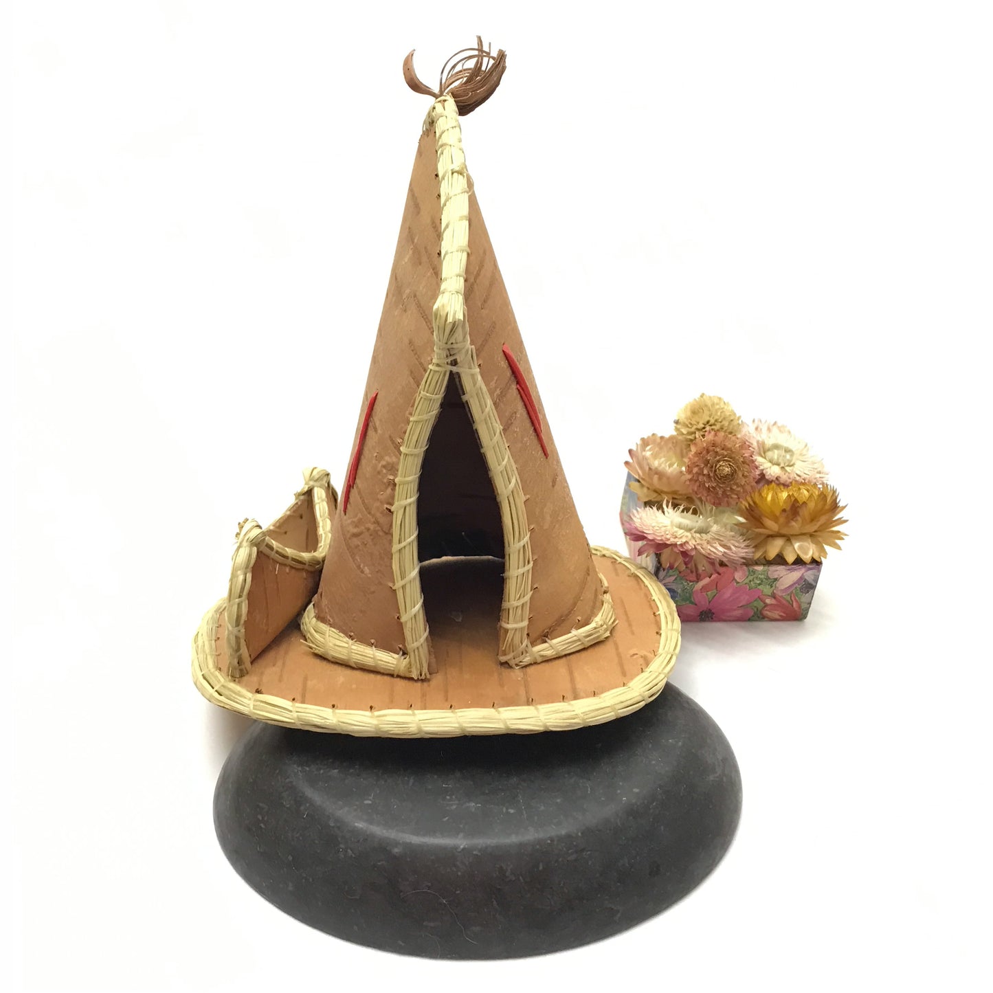 Trio of Birch Bark Campsite Dioramas, Handmade TiPi, Native Scene Sculptures