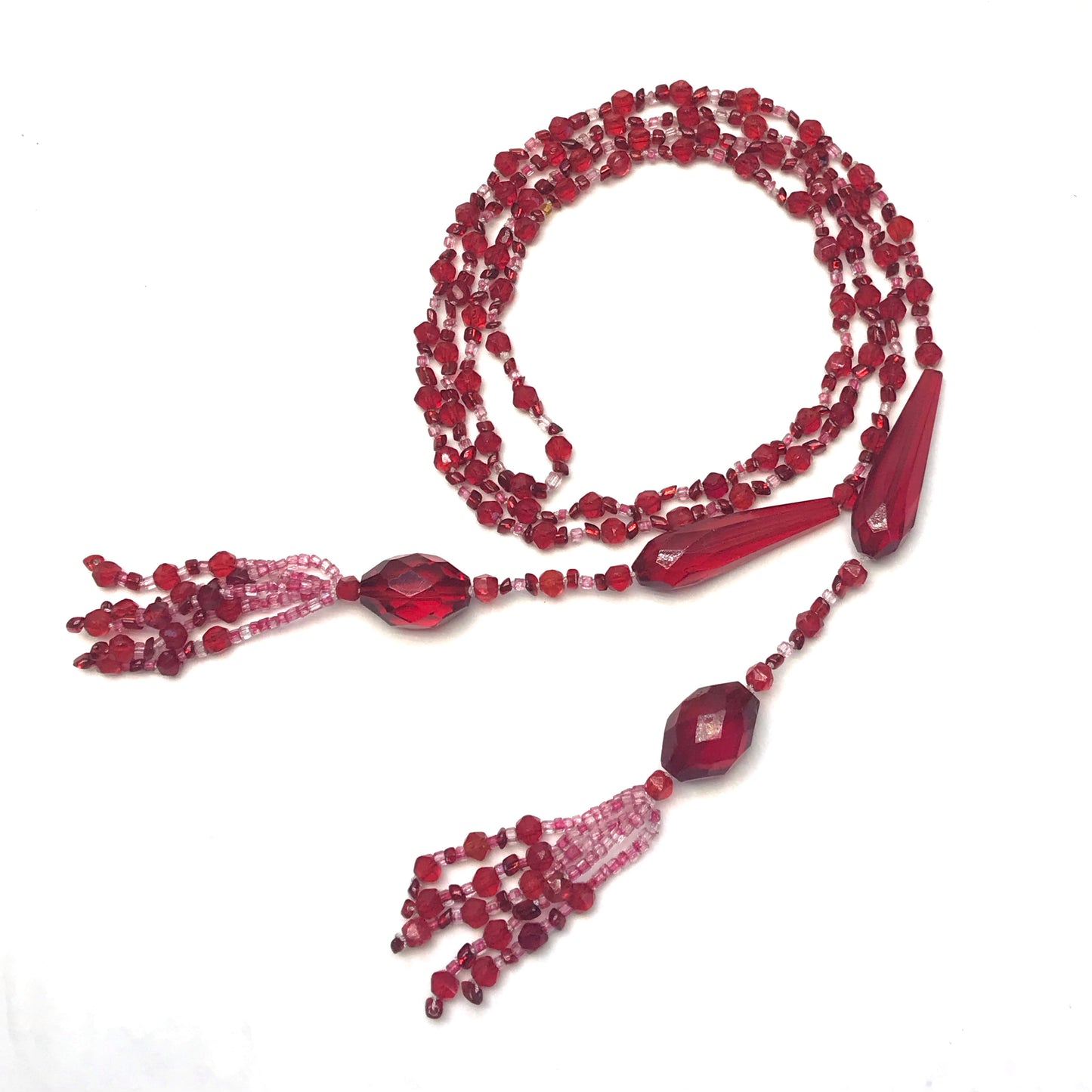 Vintage Red Glass Lariat Necklace 1920s Style Flapper Bead Strand with Tassels RESTRUNG