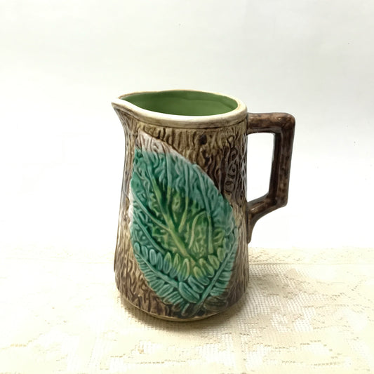 Fern & Leaf on Tree Bark Majolica Pitcher, Natural Decor, Antique Style Ceramic