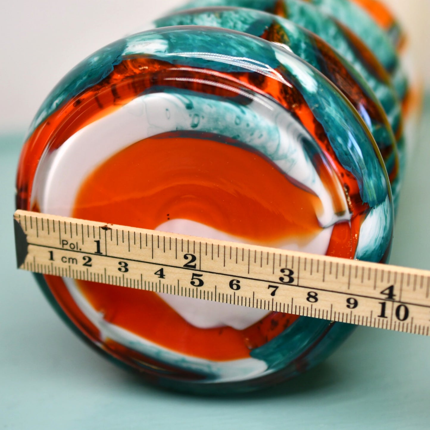 Hand Blown 9.5 inch Green and Orange Glass Vase