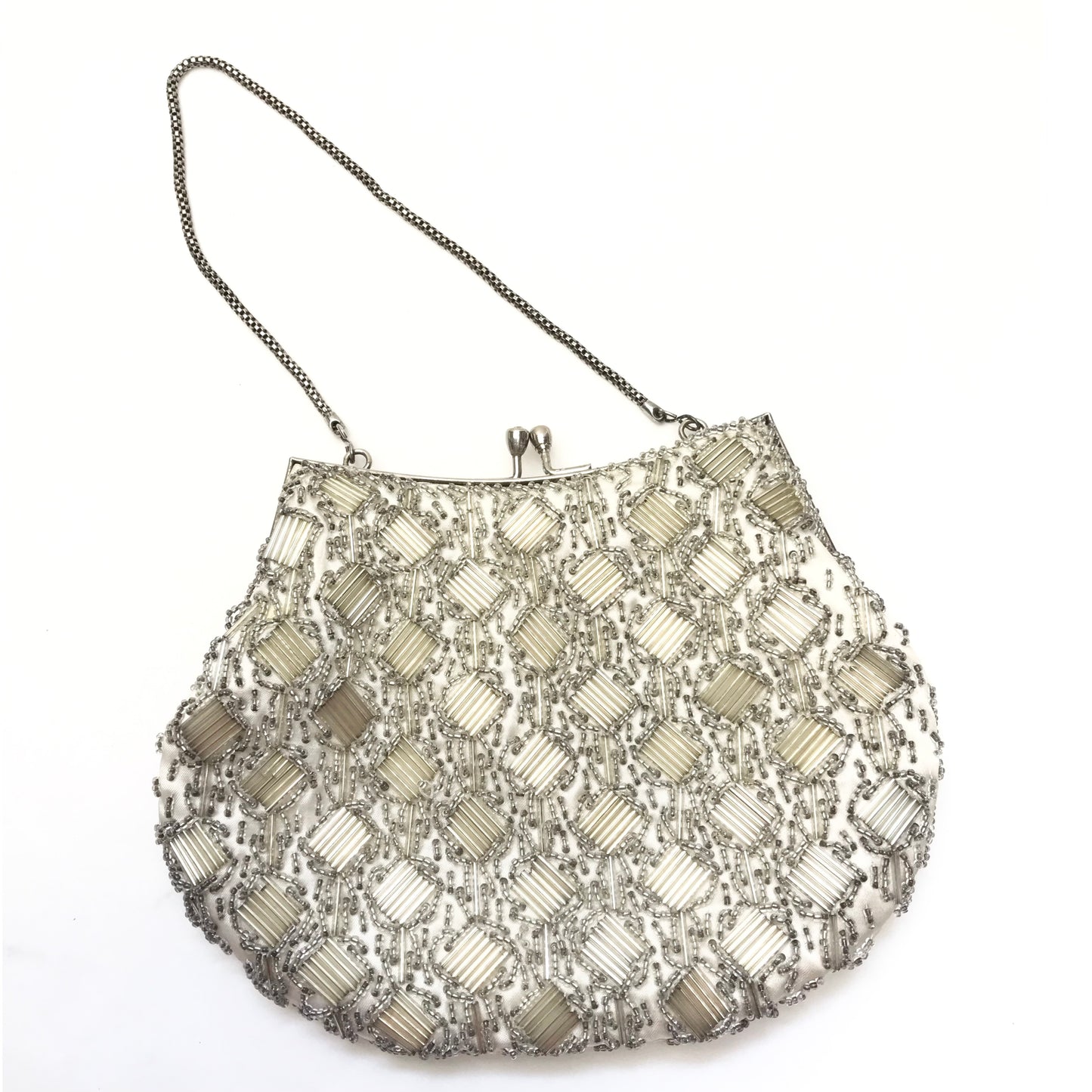 Vintage Beaded Purse with Geometric Design, Silver and Clear Beads, Silver Hardware, Evening Bag